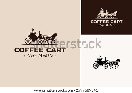 Coffee Cup Mug Silhouette with Classic Horse Drawn Pulling Carriage Coach or Hansom Cab Cart for Cafe Mobile Delivery Vintage logo design