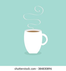 Coffee cup mug with smoke steam Blue background Flat modern simply design Vector illustration