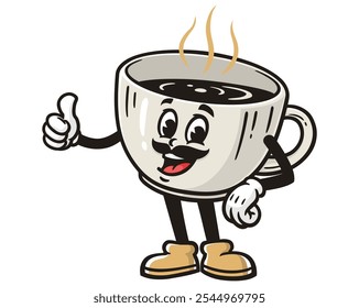 Xícara de café com bigode, Desenho Animado Mascote Ilustração Personagem Vetor Retro Vintage Clip-art Desenhado à mão Logo Design