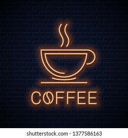 Coffee cup neon sign. Neon coffee banner on wall background