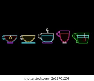 Coffee cup neon sign vector. Coffee icon set with neon style glow element.