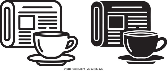 Coffee cup and newspaper icon in two different style isolated on white background, Vector, illustration