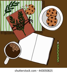 Coffee cup, notebook, pen and cookies on brown background. Vector mockup, template for design