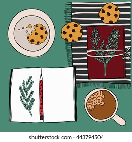 Coffee cup, notebook, pen and cookies. Vector mockup, template for design