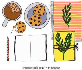 Coffee cup, notebook, pen and cookies doodle on white background.