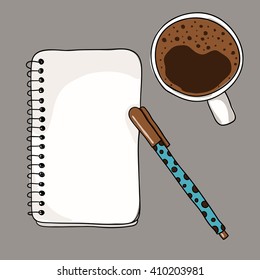 Coffee cup, notebook and pen on white background. Mockup, vector illustration. Template for design