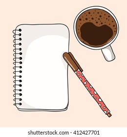 Coffee cup, notebook and pen on pink background. Mockup, vector illustration. Template for design