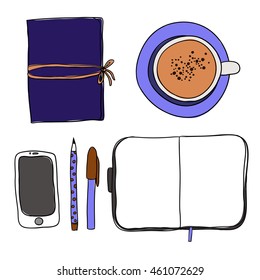 Coffee cup, notebook, pen, pencil and smartphone on white background. Vector mockup, template for design