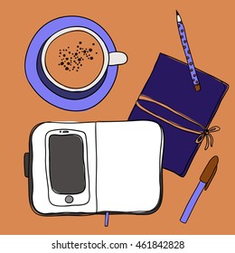 Coffee cup, notebook, pen, pencil and smartphone. Vector mockup, template for design