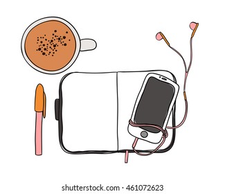 Coffee cup, notebook, pen, smartphone and headphones on white background. Vector mockup, template for design