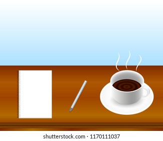 Coffee cup, notebook and silver pen on wooden table. Business and school background concept. Vector eps 10. Empty space for the text.