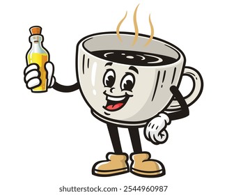 Taza de café con aceite, ilustración de mascota de dibujos animados Vector de personajes Retro Antiguas Clip-arte Dibujado a mano Diseño de logotipos