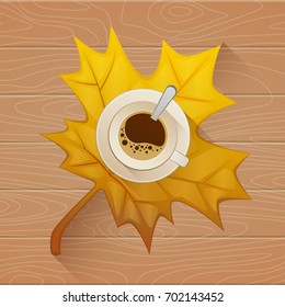 Coffee cup on the autumn fall leaves and wooden old table background. Flat vector illustration