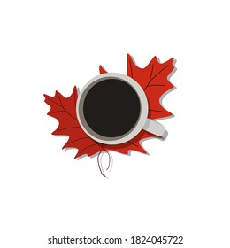 Coffee cup on an autumn leaf isolated vector illustration. Fall concept. Morning time. Design template.