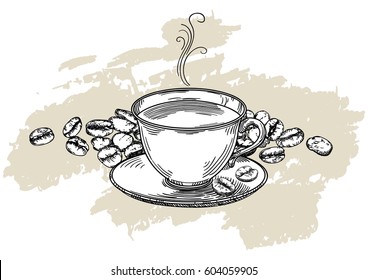 Coffee cup on background with coffee beans. Vector hand drawn background at doodle style