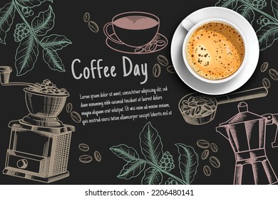 coffee cup on blackboard colorful chalk scribbles ,top view.3d realistic coffee cup background  illustration retro style.