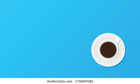 Coffee cup on blue background. Flat lay, top view, copy space. Vector illustration