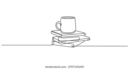Taza de café en los libros Dibujo continuo de una línea. Estilo de arte de línea de concepto de Educación para logotipo, Anuncio. Libros Ilustración vectorial minimalista en blanco y negro. No es IA