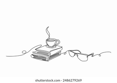 Taza de café en libros con gafas aisladas sobre fondo blanco, garabato continuo de una línea dibujado a mano, mano de Ilustración vectorial dibujada