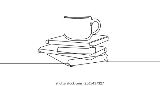 Coffee Cup on Books One Line Vector Illustration. Line Art Book and Coffee Cup for Education Design. Trendy Linear Sketches of Outline Monochrome Isolated Art on White Background. Not AI