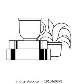 coffee cup on books and plant isolated icon line style vector illustration