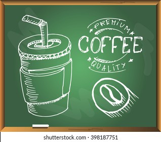 Coffee cup on chalkboard background. Free hand drawn. Vector illustration. 