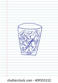 Coffee cup on copybook background. Free hand drawn. Vector illustration. 