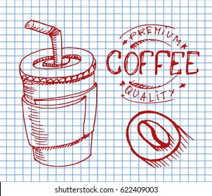 Coffee cup on copybook background. Free hand drawn. Vector illustration. 