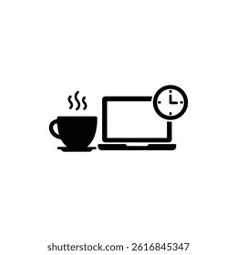 Coffee Cup on Desk with Clock and Laptop Icon - Black Design