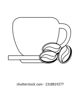 coffee cup on dish and beans in black and white