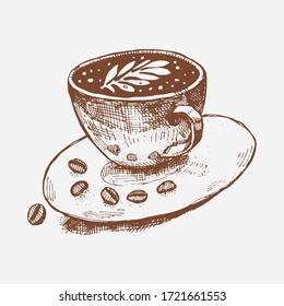 Coffee cup on a dish with coffee grains. Beautiful hand drawn graphic. Coffee shop style.