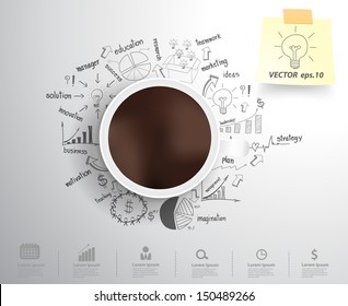 Coffee cup on drawing business strategy plan concept idea, Workflow layout, diagram, step up options, Vector illustration modern template design