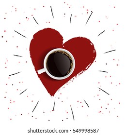 Coffee in a cup on the drawn heart background with sunburst.  Vector illustration