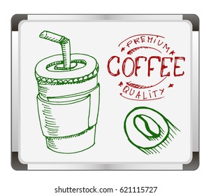 Coffee cup on flip chart background. Free hand drawn. Vector illustration. 