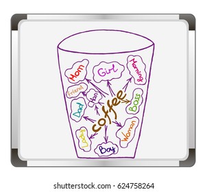 Coffee cup on flip chart background. Free hand drawn. Vector illustration. 