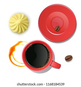 Coffee cup with on frothy surface. Good mood and vivacity for active day drinking coffee. Tea Coffee Break, illustrate the view from the top, Vector illustration