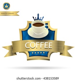 Coffee cup on Gold color label with isolated background