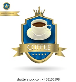 Coffee cup on Gold color label with isolated background