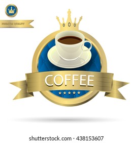 Coffee cup on Gold color label with isolated background