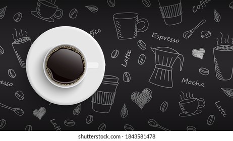 Coffee cup on hand drawn doodle coffee background, vector illustration