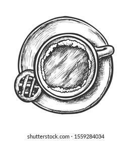 Coffee In Cup On Plate And Cookie Retro Vector. Hot Energy Drink And Cookie. Morning Breakfast Food Engraving Concept Template Hand Drawn In Vintage Style Black And White Illustration