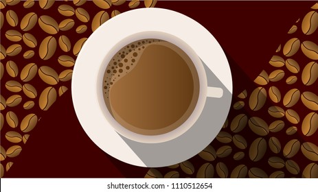 coffee cup on red background with coffee beans