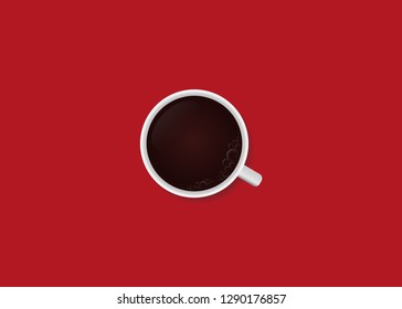 Coffee cup on red background. Top view.