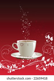 Coffee cup on a red background with floral pattern, vector illustration