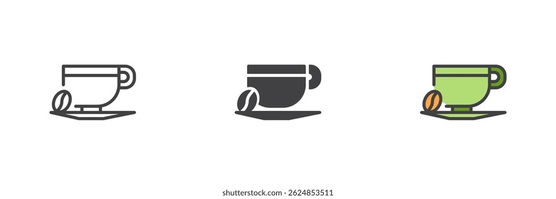 Coffee cup on a saucer with coffee bean different style icon set. Line, glyph and filled outline colorful version, outline and filled vector sign. Breakfast symbol, logo illustration. Vector graphics