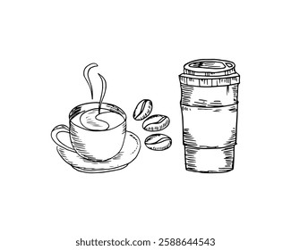 Coffee cup on saucer, beans, and coffee paper cup doodle cartoon vector drink.