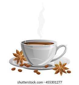 Coffee cup on saucer with coffee beans and dried star anise fruits (badian). Vector illustration.