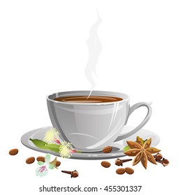 Coffee cup on saucer with coffee beans and spices (star anise, clove and cardamom). Vector illustration.