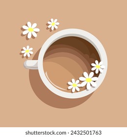 Coffee cup on a saucer and chamomile flowers, top view. Illustration, print, vector