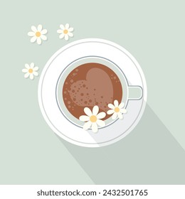 Coffee cup on a saucer and chamomile flowers, top view. Illustration, print, vector